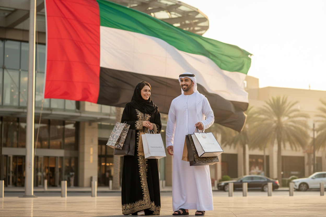 1 arbi dress ma banda ha or uske sath 1 arabi orat ha jo ky uae ky flag ky smne khry hain hath ma shopping bags pkr ky